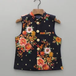 Online Black Kurta And Floral Printed Embroidered Jacket With Pyjama BOY Twinning Sets | Indian Ethnic Wear