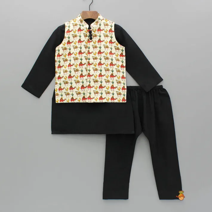 Hot Black Kurta And Printed Jacket With Pyjama BOY Indian Ethnic Wear | Ethnic Sets