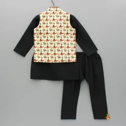 Hot Black Kurta And Printed Jacket With Pyjama BOY Indian Ethnic Wear | Ethnic Sets