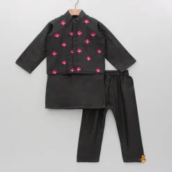 Hot Black Kurta With Embroidered Jacket And Pyjama BOY Indian Ethnic Wear | Ethnic Sets
