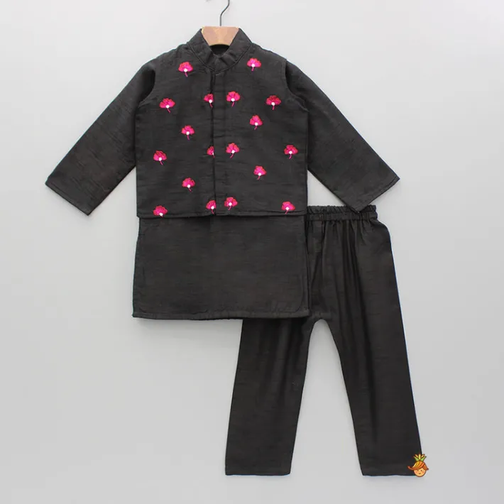 Hot Black Kurta With Embroidered Jacket And Pyjama BOY Indian Ethnic Wear | Ethnic Sets