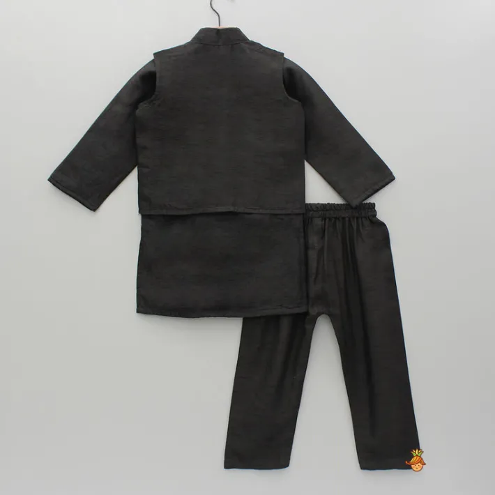 Hot Black Kurta With Embroidered Jacket And Pyjama BOY Indian Ethnic Wear | Ethnic Sets