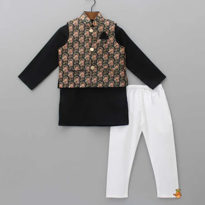 Outlet Black Kurta With Floral Printed Jacket And Pyjama BOY Indian Ethnic Wear | Ethnic Sets