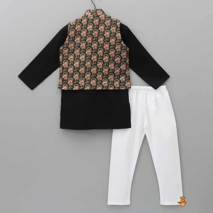Outlet Black Kurta With Floral Printed Jacket And Pyjama BOY Indian Ethnic Wear | Ethnic Sets