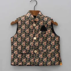Outlet Black Kurta With Floral Printed Jacket And Pyjama BOY Indian Ethnic Wear | Ethnic Sets