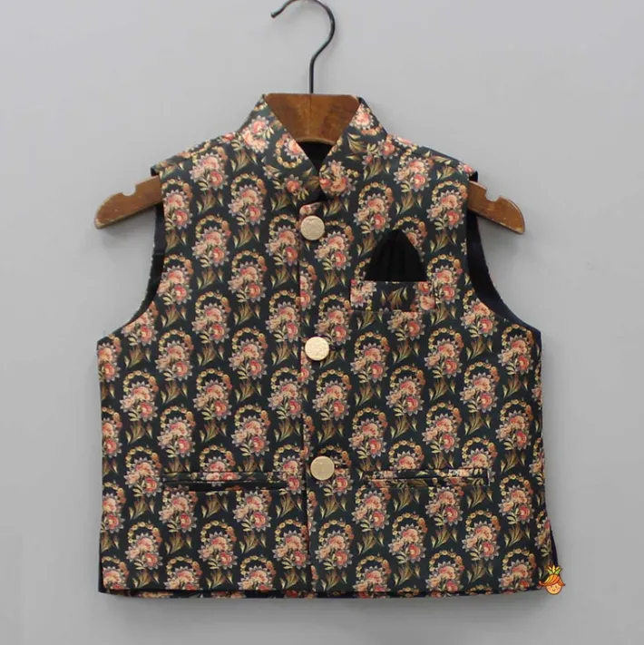 Outlet Black Kurta With Floral Printed Jacket And Pyjama BOY Indian Ethnic Wear | Ethnic Sets