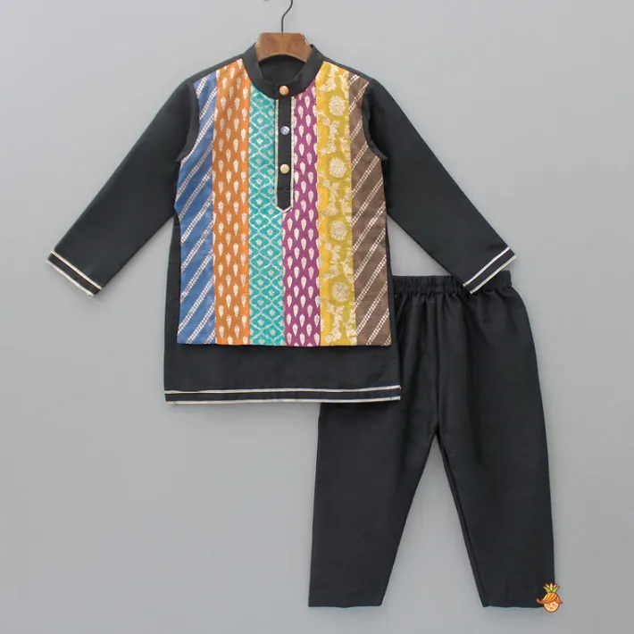 New Black Kurta With Multicolour Attached Flap And Pyjama BOY Twinning Sets | Indian Ethnic Wear