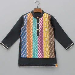 New Black Kurta With Multicolour Attached Flap And Pyjama BOY Twinning Sets | Indian Ethnic Wear