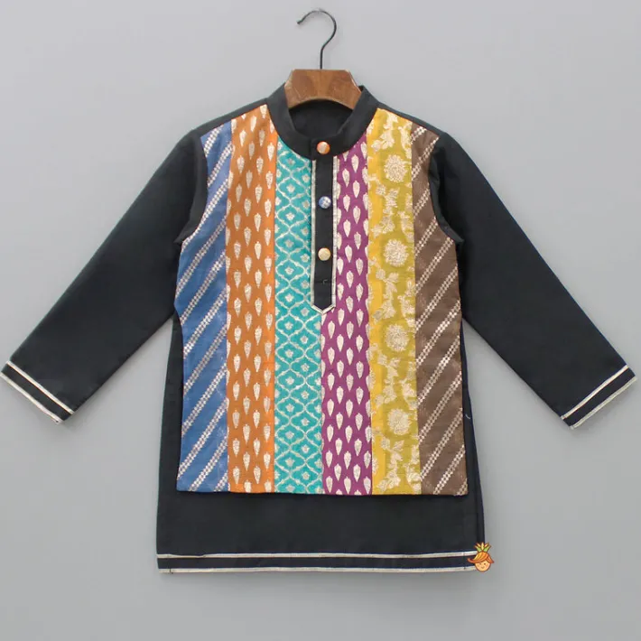 New Black Kurta With Multicolour Attached Flap And Pyjama BOY Twinning Sets | Indian Ethnic Wear