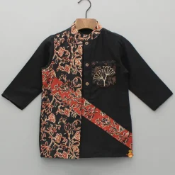New Black Kurta With Printed Flap And Pyjama BOY Indian Ethnic Wear | Ethnic Sets