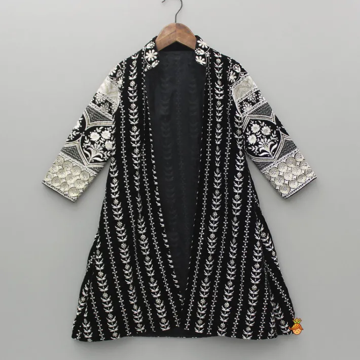 Discount Black Kurti With Embroidered Velvet Jacket Twinning Sets | Ethnic Wear