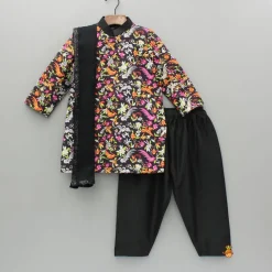 Fashion Black Multicolour Printed Sherwani And Salwar With Shawl BOY Indian Ethnic Wear | Sherwani Sets