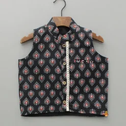 Hot Black Printed Kurta And Jacket With Pyjama BOY Indian Ethnic Wear | Ethnic Sets