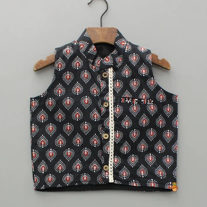 Hot Black Printed Kurta And Jacket With Pyjama BOY Indian Ethnic Wear | Ethnic Sets