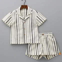 Best Black Stripe Printed Off White Shirt And Pockets Detail Shorts BOY Sets
