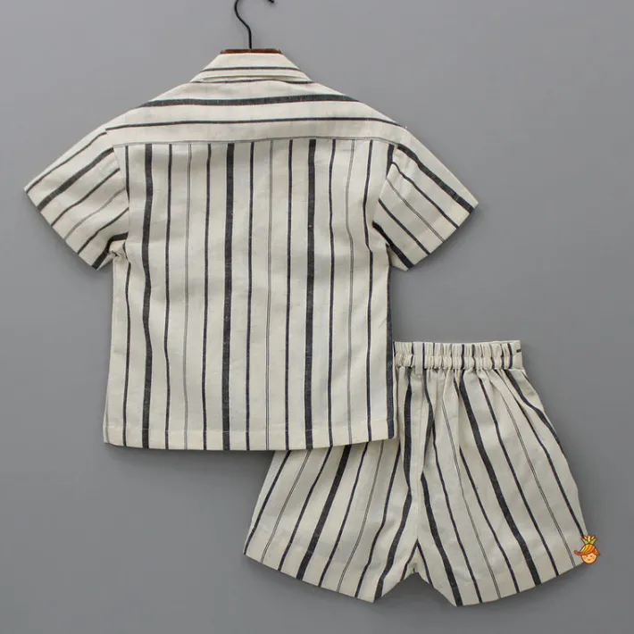 Best Black Stripe Printed Off White Shirt And Pockets Detail Shorts BOY Sets