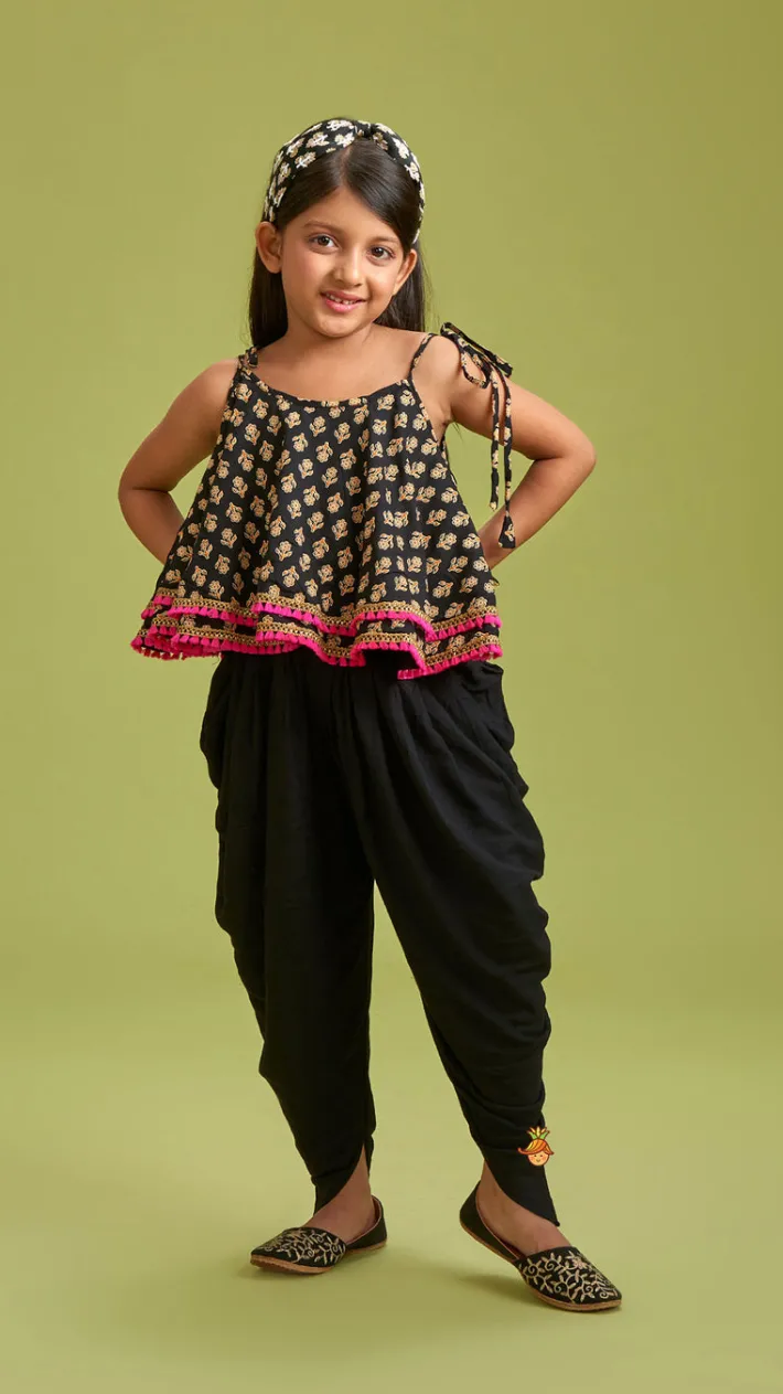 Clearance Black Stylish Printed Lace Work Top And Dhoti With Matching Sling Bag Ethnic Wear | Dhotis & Patialas