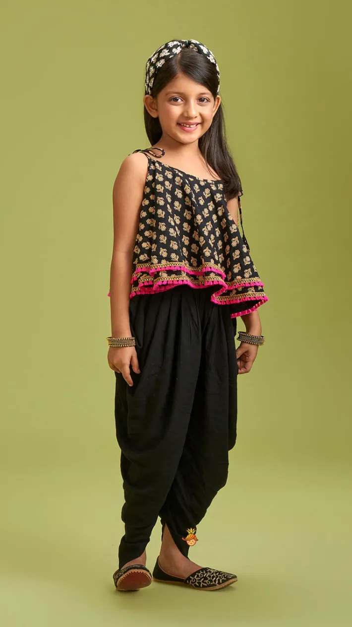 Clearance Black Stylish Printed Lace Work Top And Dhoti With Matching Sling Bag Ethnic Wear | Dhotis & Patialas