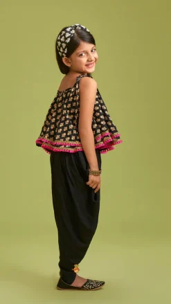 Clearance Black Stylish Printed Lace Work Top And Dhoti With Matching Sling Bag Ethnic Wear | Dhotis & Patialas
