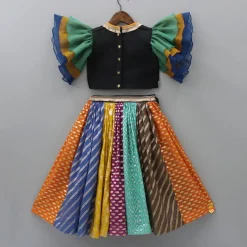 Fashion Black Top With Frilly Sleeves And Multicolored Lehenga Twinning Sets | Ethnic Wear
