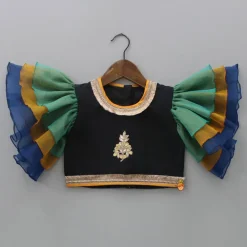 Fashion Black Top With Frilly Sleeves And Multicolored Lehenga Twinning Sets | Ethnic Wear