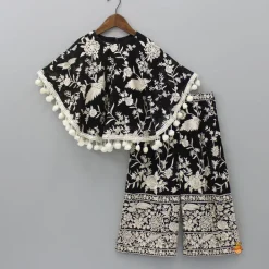 Outlet Black Top With Pom Poms Detailed Embroidered Cape And Palazzo Ethnic Wear | Palazzos & Shararas