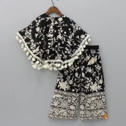 Outlet Black Top With Pom Poms Detailed Embroidered Cape And Palazzo Ethnic Wear | Palazzos & Shararas
