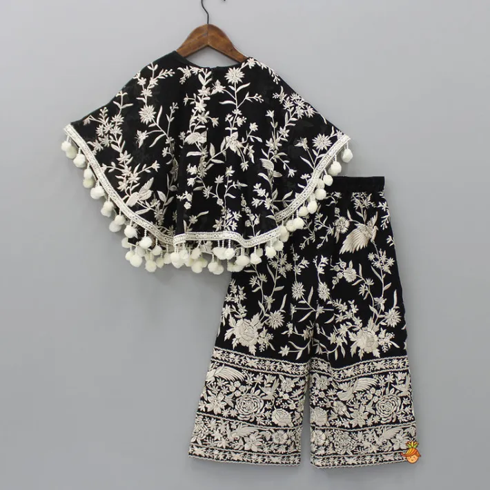 Outlet Black Top With Pom Poms Detailed Embroidered Cape And Palazzo Ethnic Wear | Palazzos & Shararas