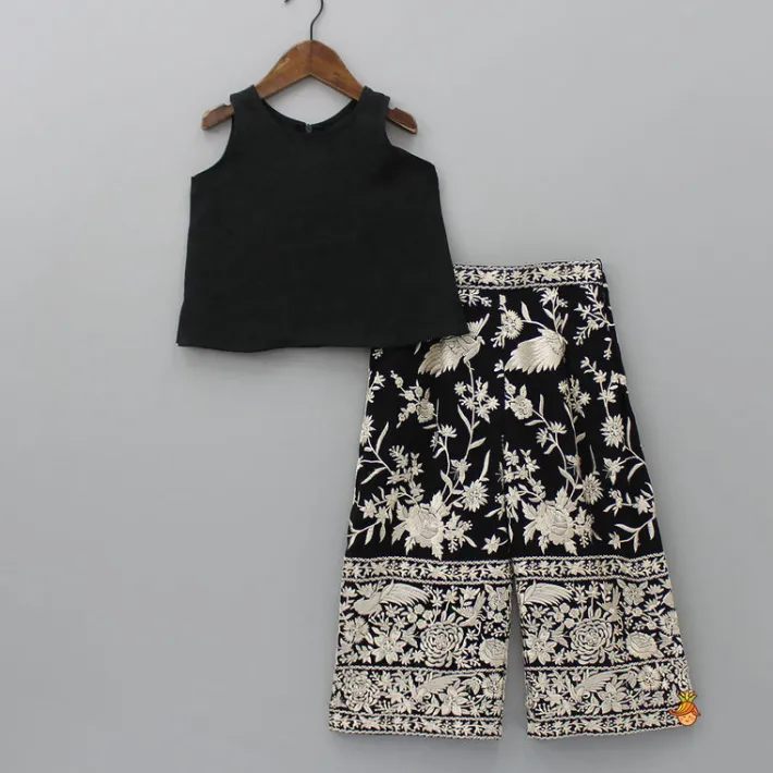 Outlet Black Top With Pom Poms Detailed Embroidered Cape And Palazzo Ethnic Wear | Palazzos & Shararas