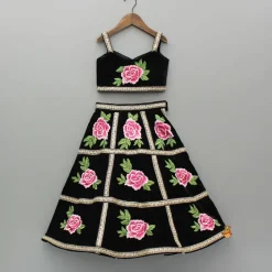 Fashion Black Velvet Embroidered Lace Detailed Strap Top With Cape And Lehenga Ethnic Wear | Lehengas & Ghagras