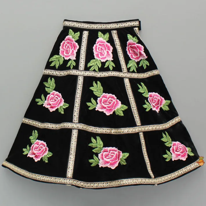 Fashion Black Velvet Embroidered Lace Detailed Strap Top With Cape And Lehenga Ethnic Wear | Lehengas & Ghagras