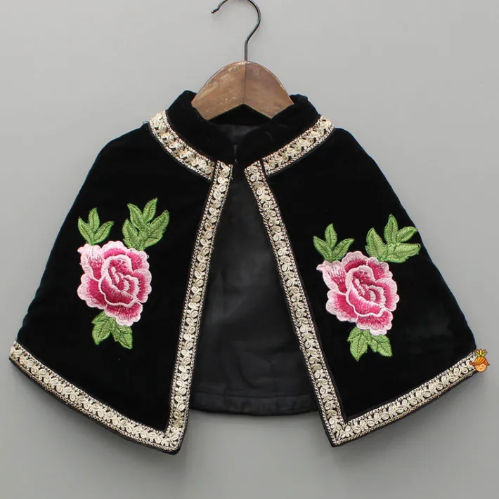 Fashion Black Velvet Embroidered Lace Detailed Strap Top With Cape And Lehenga Ethnic Wear | Lehengas & Ghagras