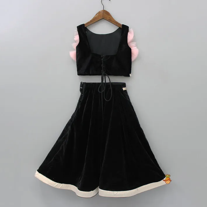 Outlet Black Velvet Top And Lehenga With Frilly Pink Dupatta Ethnic Wear | Lehengas & Ghagras