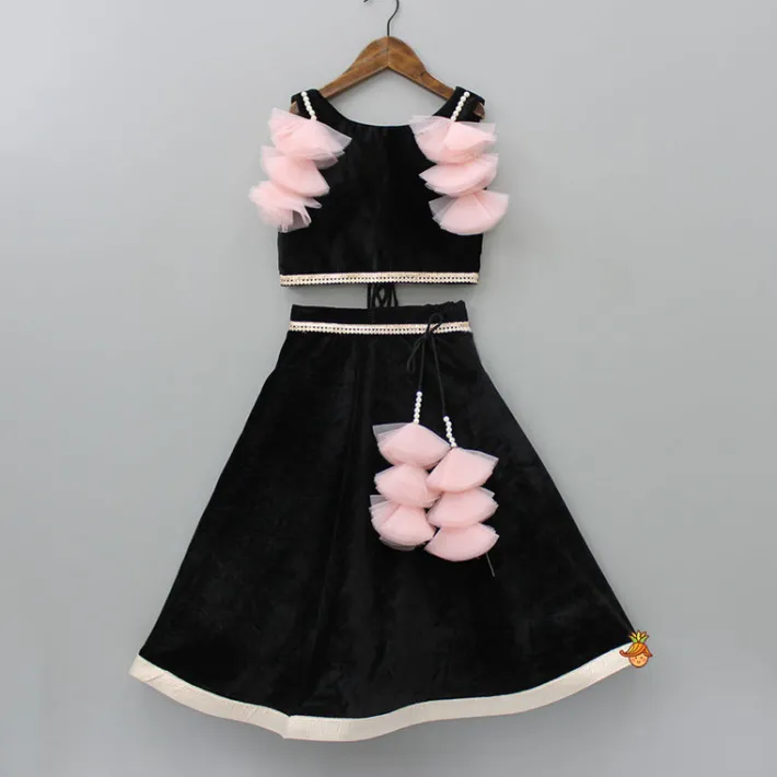 Outlet Black Velvet Top And Lehenga With Frilly Pink Dupatta Ethnic Wear | Lehengas & Ghagras