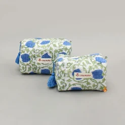 Clearance Block-Printed Blue Pouch Bags ? Set Of 2 Bags