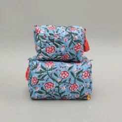 Outlet Blooming Flowers Block-Printed Blue Pouch Bags - Set Of 2 Bags