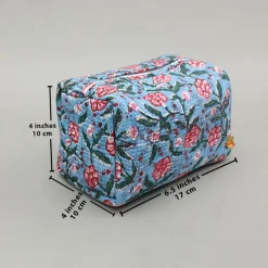 Outlet Blooming Flowers Block-Printed Blue Pouch Bags - Set Of 2 Bags