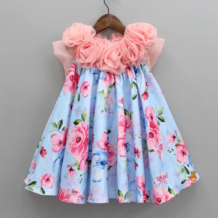 Hot Blue And Pink Floral Printed Rose Flowers Adorned Dress Dresses & Sets | Dresses