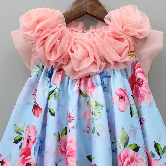 Hot Blue And Pink Floral Printed Rose Flowers Adorned Dress Dresses & Sets | Dresses
