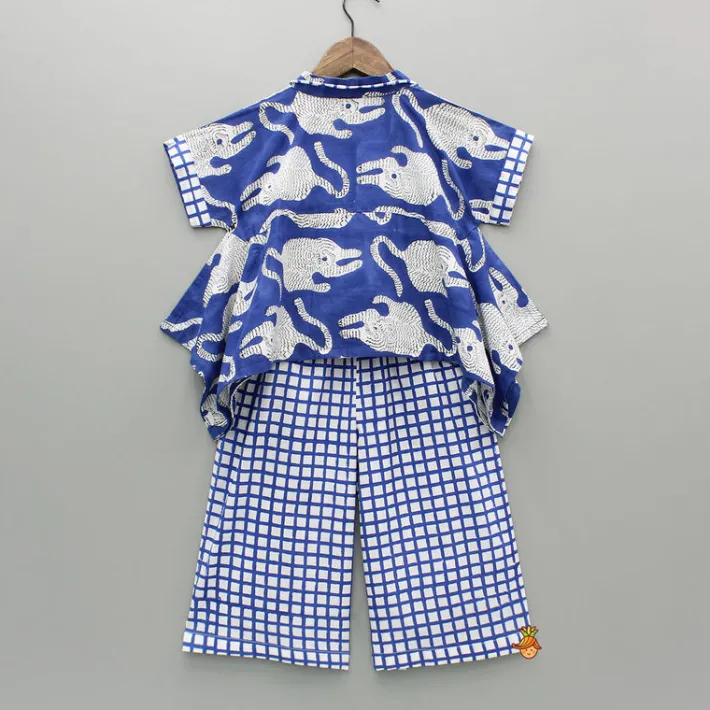 Outlet Blue Asymmetric Printed Top With Palazzo And Matching Necklace Ethnic Wear | Palazzos & Shararas