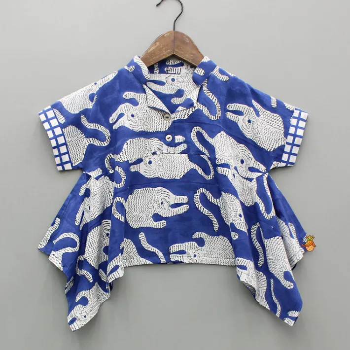 Outlet Blue Asymmetric Printed Top With Palazzo And Matching Necklace Ethnic Wear | Palazzos & Shararas