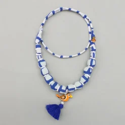 Outlet Blue Asymmetric Printed Top With Palazzo And Matching Necklace Ethnic Wear | Palazzos & Shararas