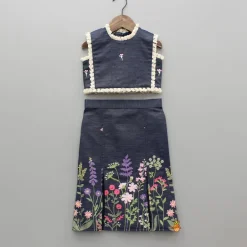 Fashion Blue Denim Embroidered Top And Stylish Skirt Dresses & Sets | Sets