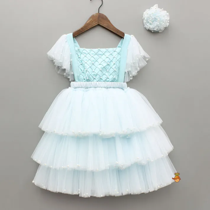 Hot Blue Embellished Strappy Back Tie Up Frilly Layered Dress And Matching Hairclip Dresses & Sets | Dresses