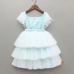 Hot Blue Embellished Strappy Back Tie Up Frilly Layered Dress And Matching Hairclip Dresses & Sets | Dresses