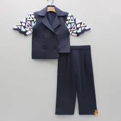 Fashion Blue Embroidered Blazer Jacket Style Top And Pant Dresses & Sets | Sets