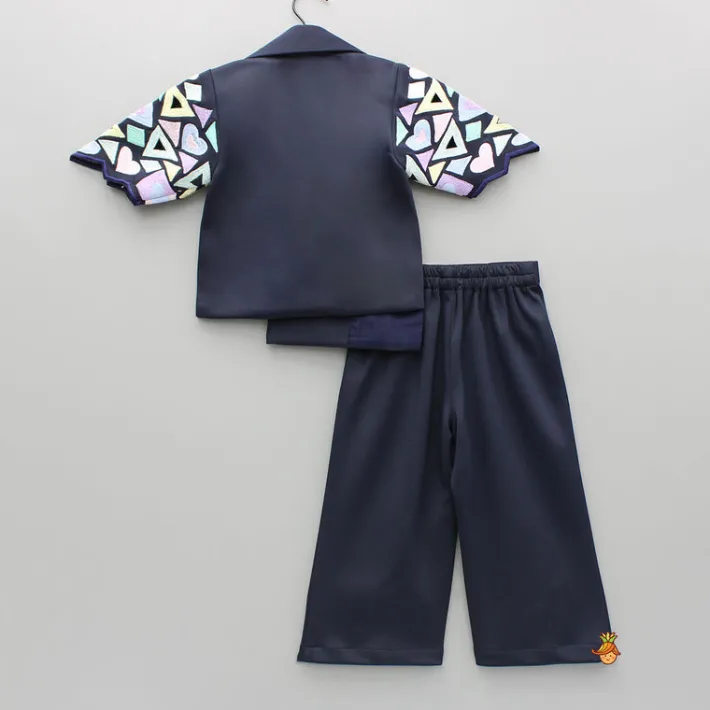 Fashion Blue Embroidered Blazer Jacket Style Top And Pant Dresses & Sets | Sets