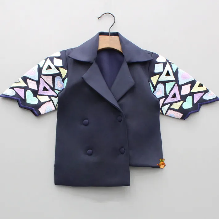 Fashion Blue Embroidered Blazer Jacket Style Top And Pant Dresses & Sets | Sets
