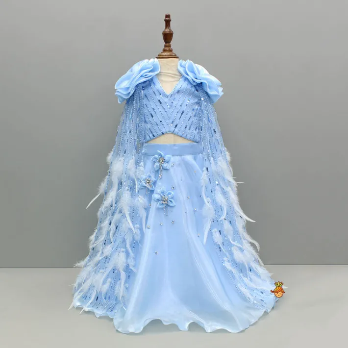 Hot Blue Embroidered Embellished Top With Shoulder Drapes And Lehenga Ethnic Wear | Lehengas & Ghagras