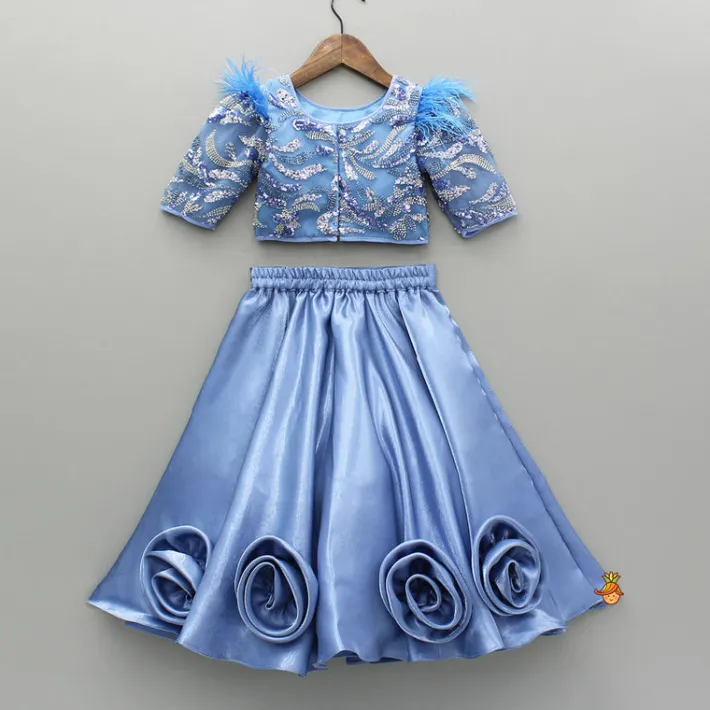 Hot Blue Embroidered Embellished Top And Lehenga Ethnic Wear | Lehengas & Ghagras
